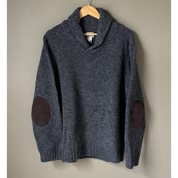 Vintage L.L. Bean Mens XL Sweater Wool Gray Lambswool Shawl Collar Elbow Patch - Picture 1 of 6